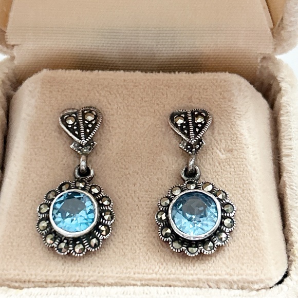 Jewelry - Vintage Blue Topaz Marcasite Dangling Flower Signed Sterling Silver Earrings